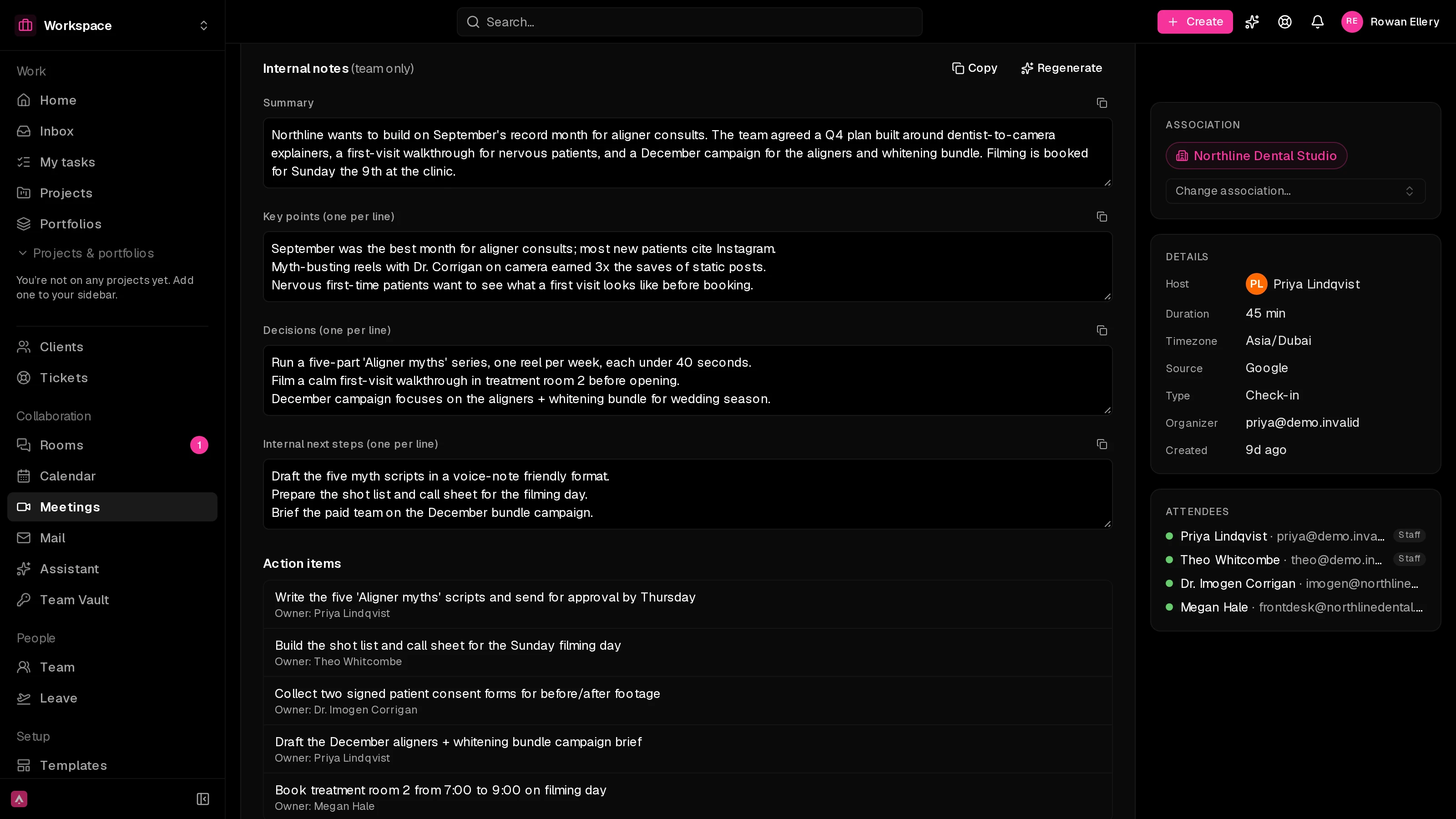 Meeting page with a summary and action items