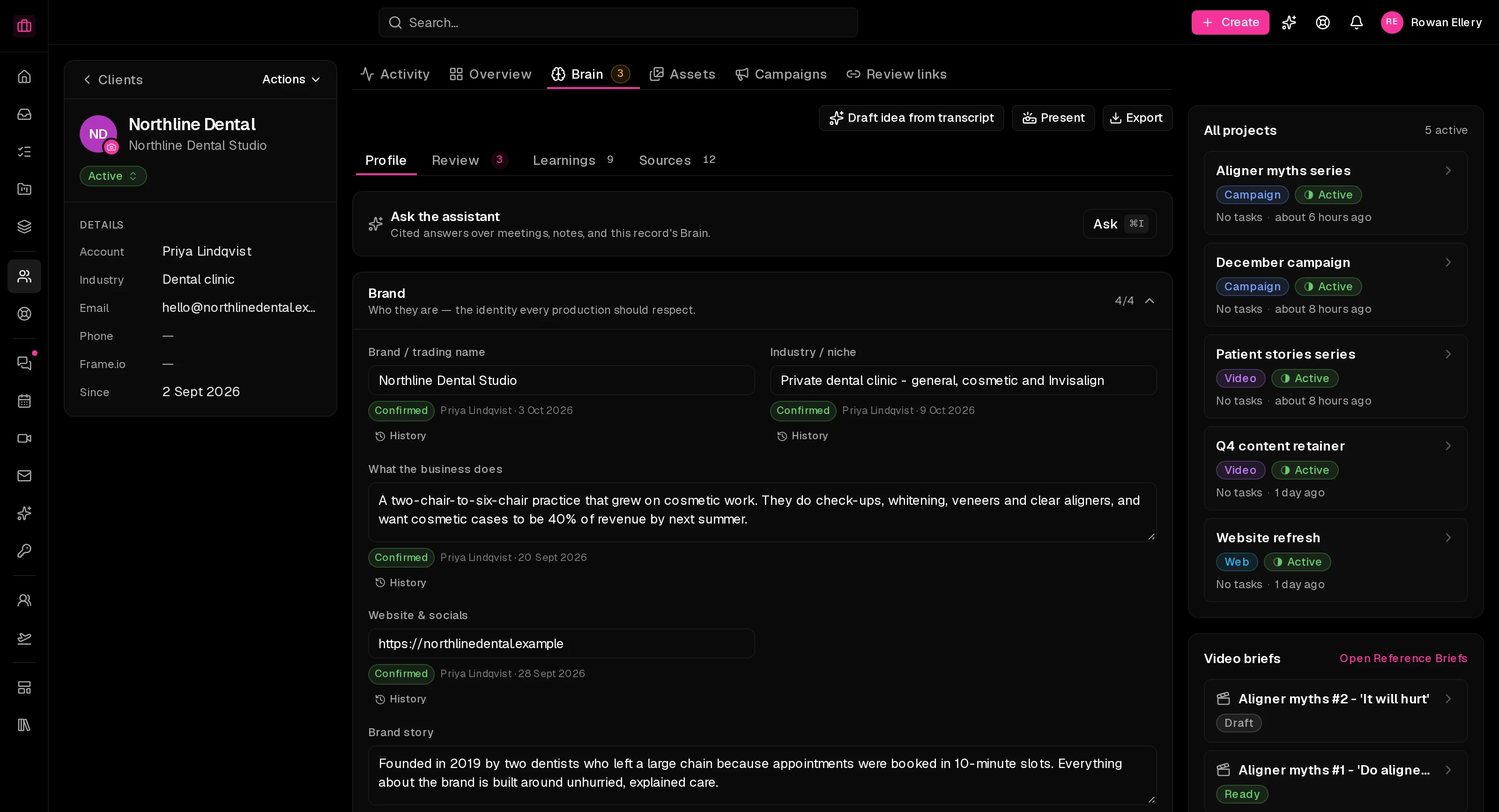 A demo client's knowledge record for Northline Dental: brand facts each marked confirmed by a teammate with a date and a history link, tabs for review, learnings and sources, and the client's active projects in a side rail.