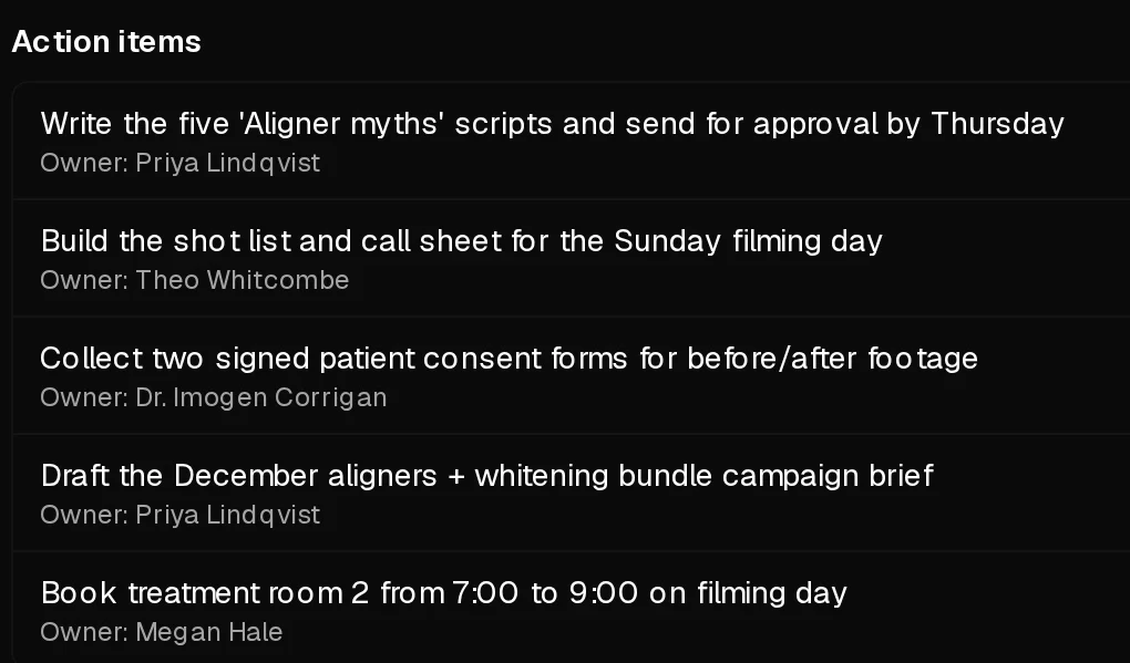 Action items written from a demo client call, each with an owner: scripts to write, a shot list to build, consent forms to collect, a campaign brief and a room to book.