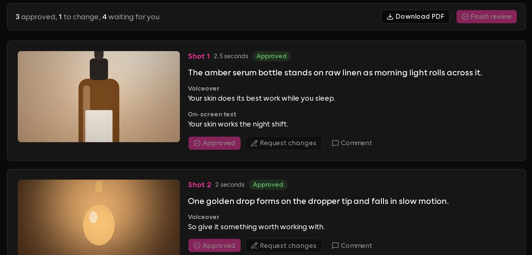 What the client sees when reviewing the same video's shot list: a tally of approved, changed and waiting shots, and shot cards with the preview still, voiceover and on-screen text, each with Approve, Request changes and Comment.