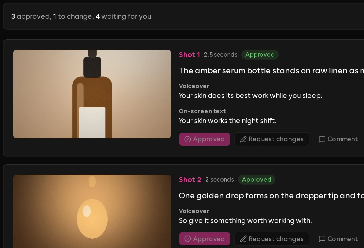What the client sees when reviewing the video's shot list: a tally of approved, changed and waiting shots, and shot cards with the preview still, voiceover and on-screen text, each with Approve, Request changes and Comment.