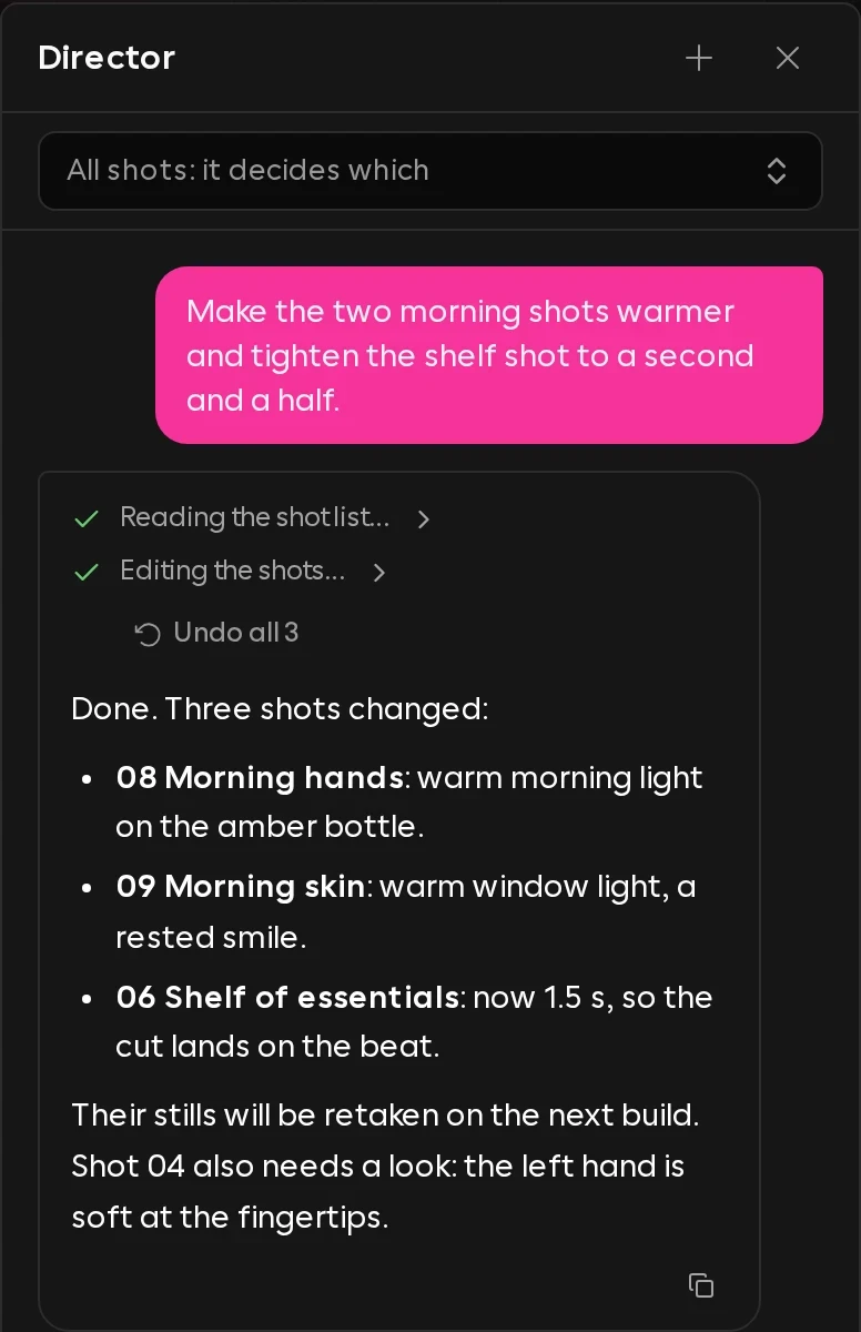 The studio director chat: a producer asks for two warmer morning shots and a shorter shelf shot, and the director reports the three changes it made, with one button to undo all three.