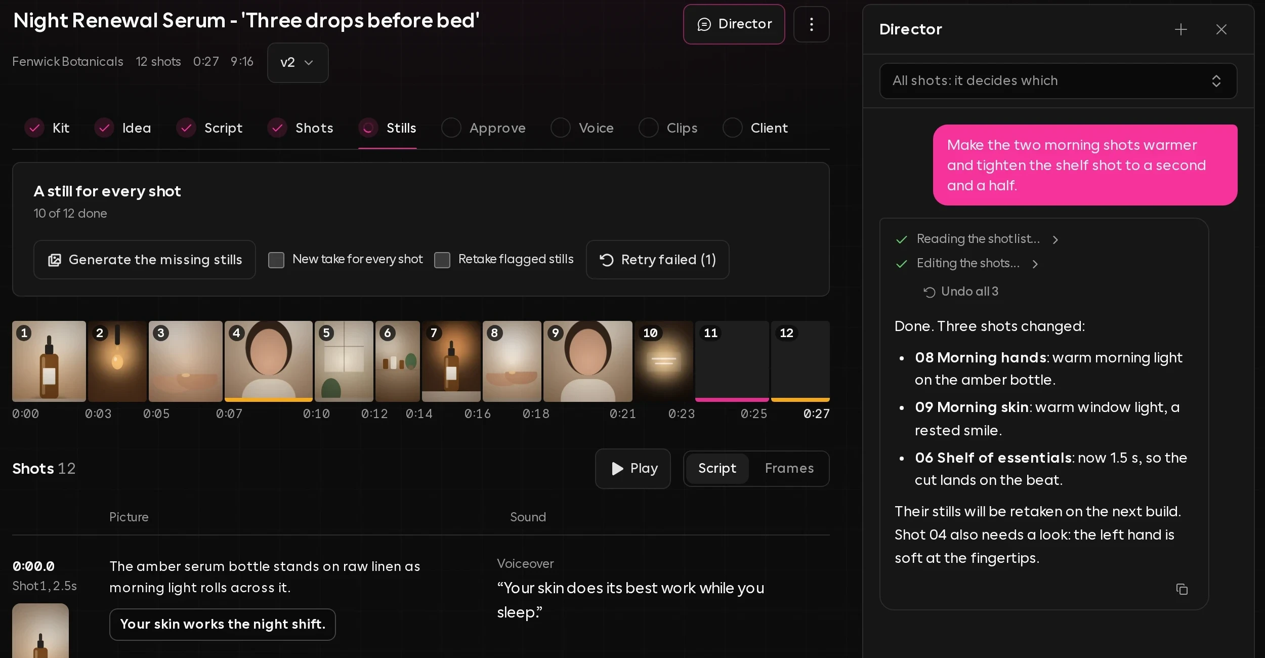 A demo skincare video brief in the studio: a strip of twelve shots with ten stills made so far and the shot script, beside the director chat after it changed three shots on request, offering to undo all three.