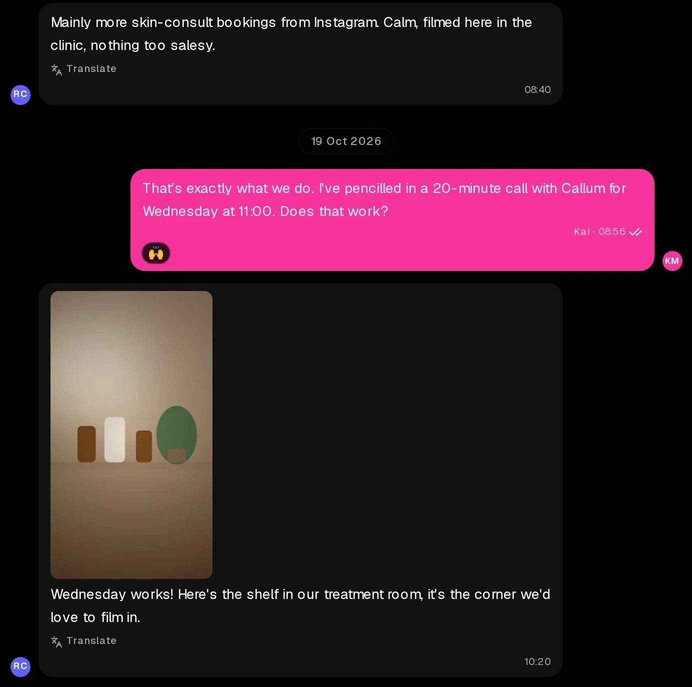 A WhatsApp thread with a demo lead in the shared inbox: a reply proposing a call with a reaction and read ticks, then the lead's photo of the room to film in.