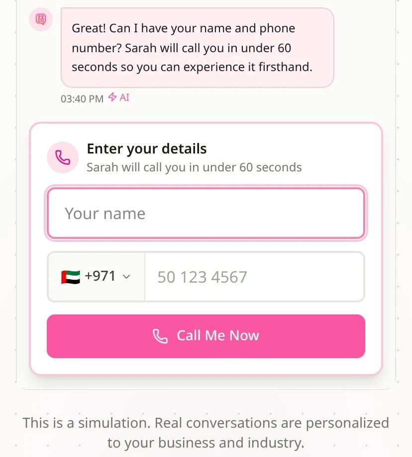 The same demo step on a phone, with the name and phone fields and the “Call Me Now” button