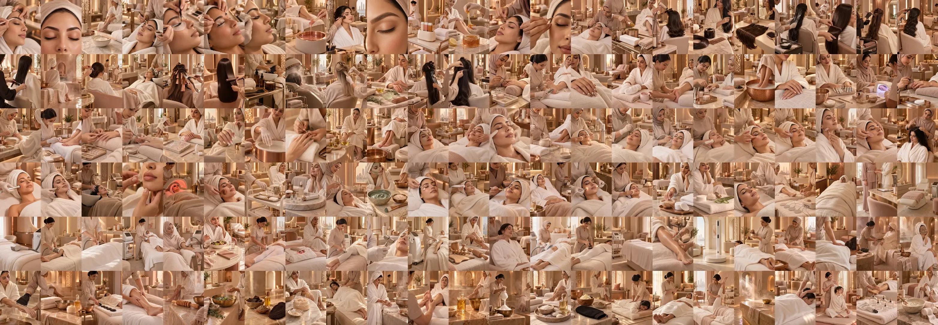 All 138 treatment images tiled in one wall: facials, brows, hair, nails, hammam and massage scenes in the same warm cream, blush and copper light.
