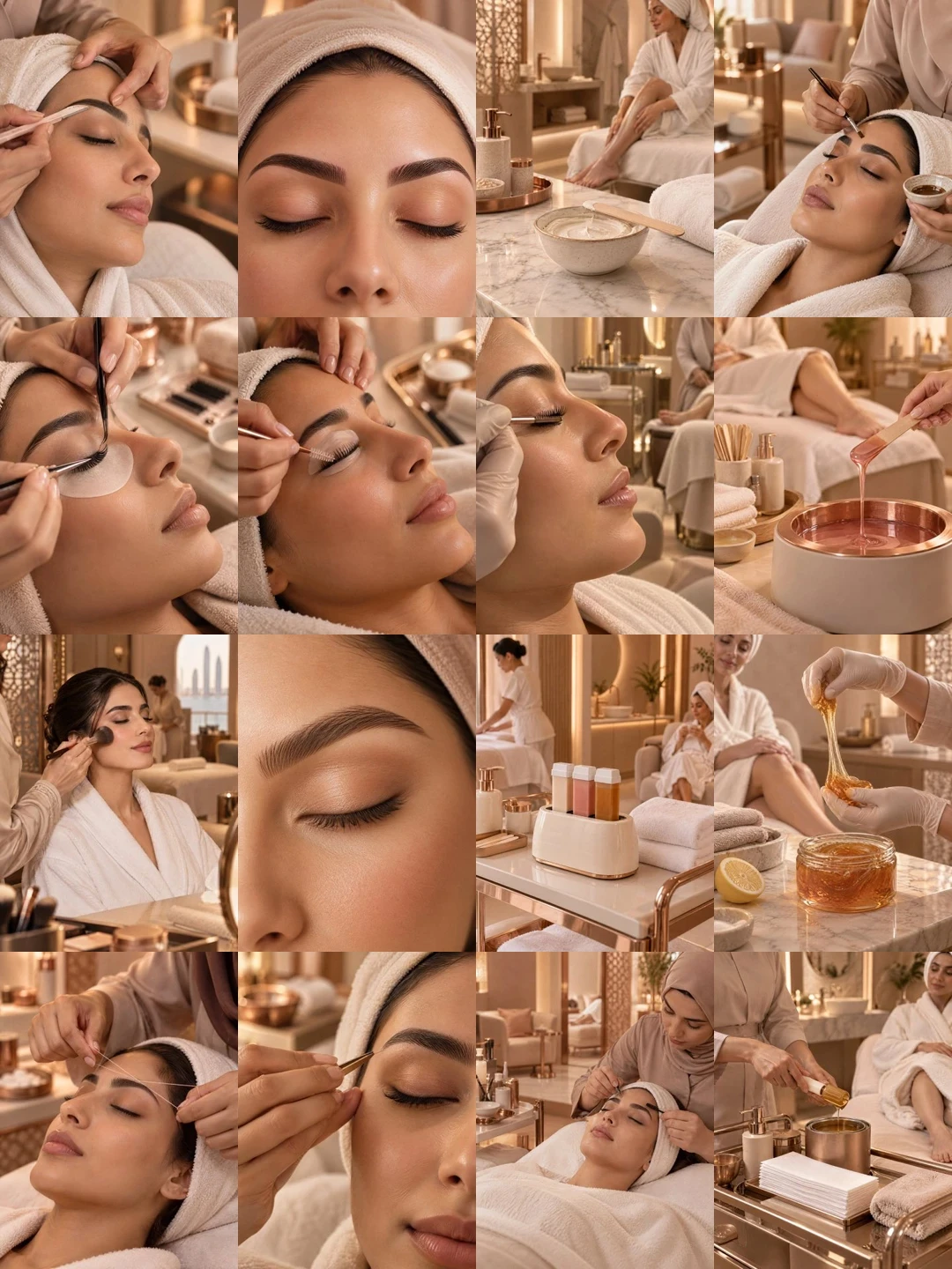 Sixteen Beauty Care treatment images: brow shaping, lash work, close-ups of closed eyes and warm wax in a copper bowl.