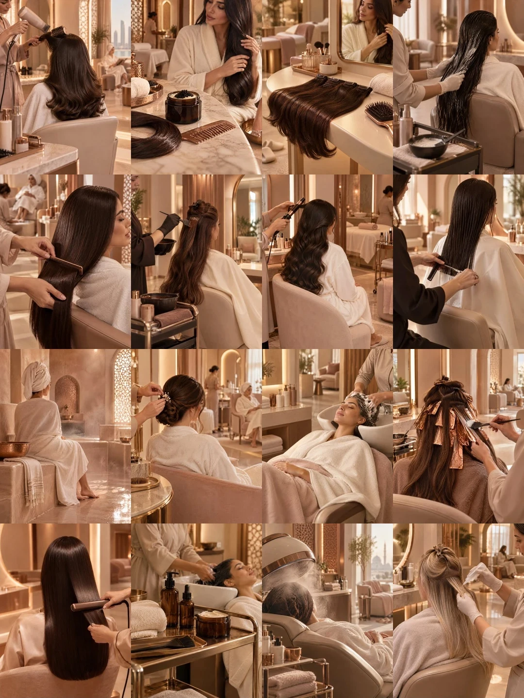 Sixteen Hair Spa images: long hair brushed, coloured, styled and treated by stylists in a cream and copper salon.
