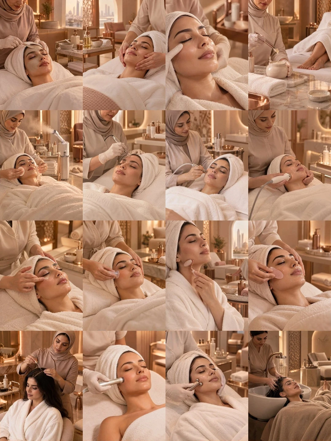 Sixteen Skin Care treatment images: facials in progress, clients resting in towel wraps and skincare trays on marble.