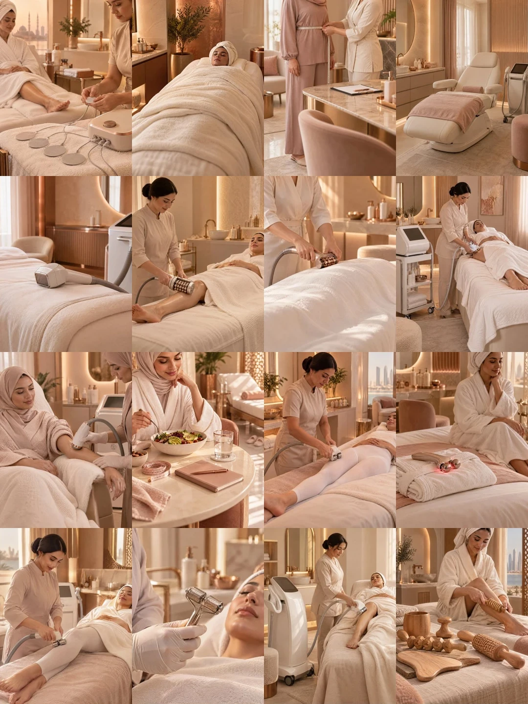 Sixteen Slimming treatment images: body-contouring devices on linen beds, therapists at work and treatment rooms in warm copper light.