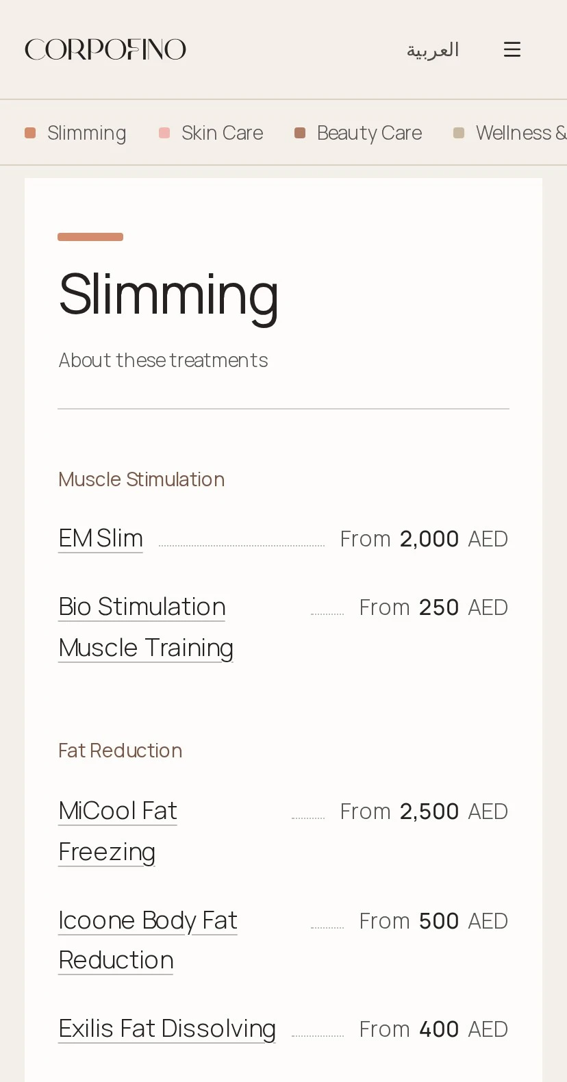 The price list on a phone: the Slimming heading, then Muscle Stimulation and Fat Reduction treatments, each joined to its “From” price by a dotted leader.