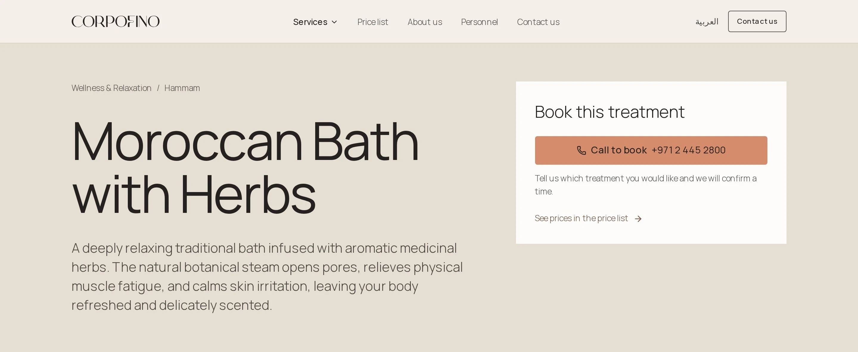 The Moroccan Bath with Herbs treatment page: a large title and description on a linen field, with a “Book this treatment” panel holding a Call to book button and a link to the price list.