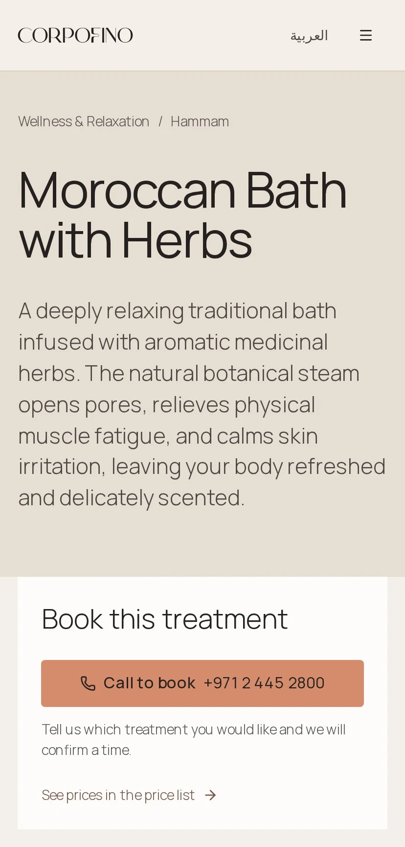 The Moroccan Bath with Herbs treatment page on a phone: a large title and description on a linen field, then a “Book this treatment” panel with a Call to book button and a link to the price list.