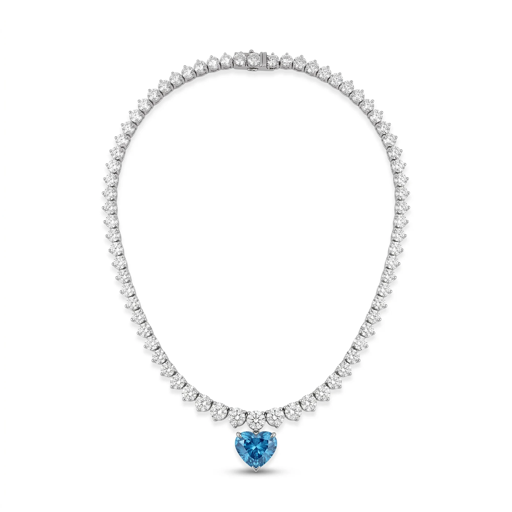 The finished packshot: the same necklace laid in an even loop on pure white, the blue heart centred