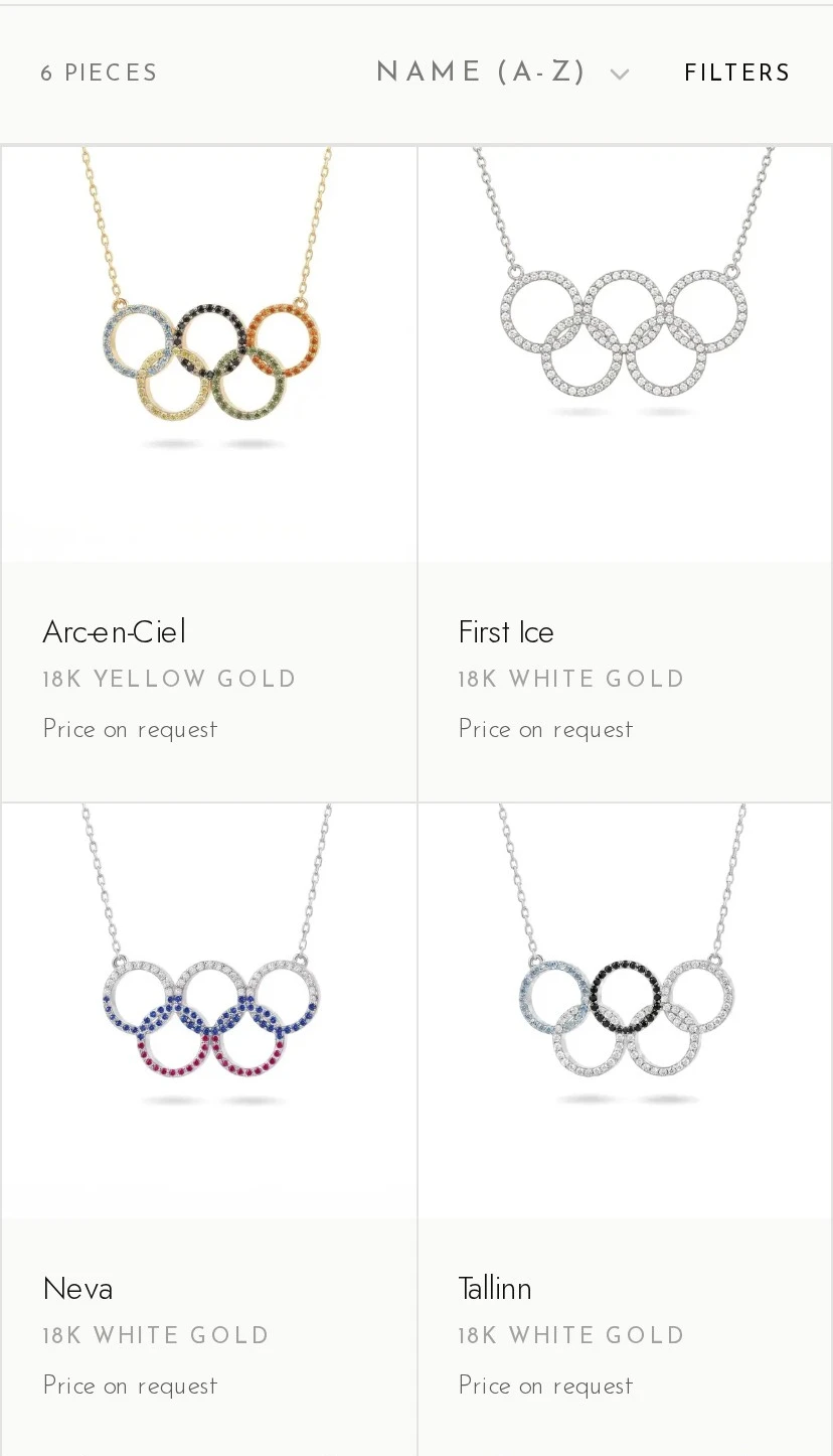 The Olympic collection page on a phone: four five-ring pendants in a two-by-two grid on the same white ground, each with its name and metal