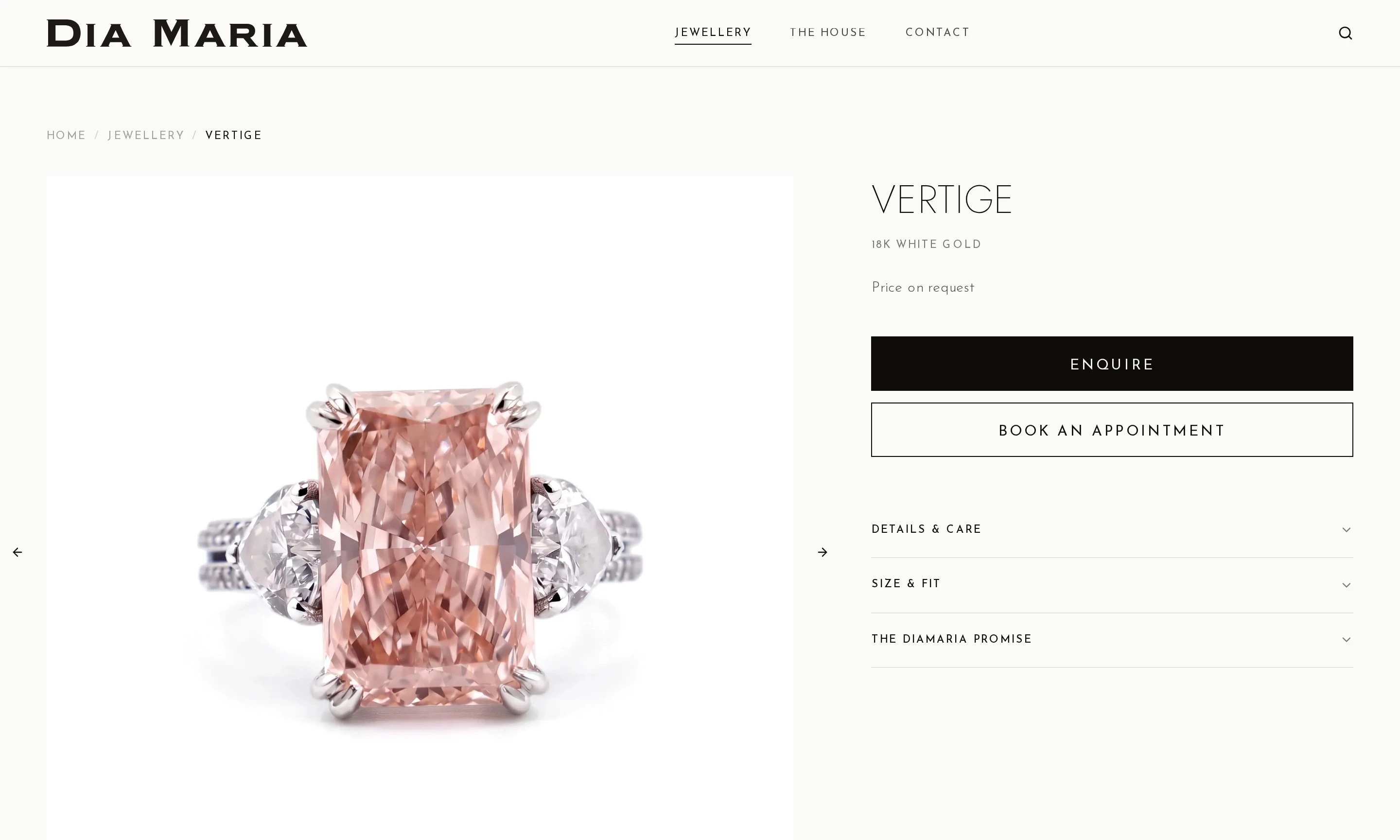 A product page on diamaria.com: the pink radiant ring beside its name, Price on request, Enquire and Book an appointment