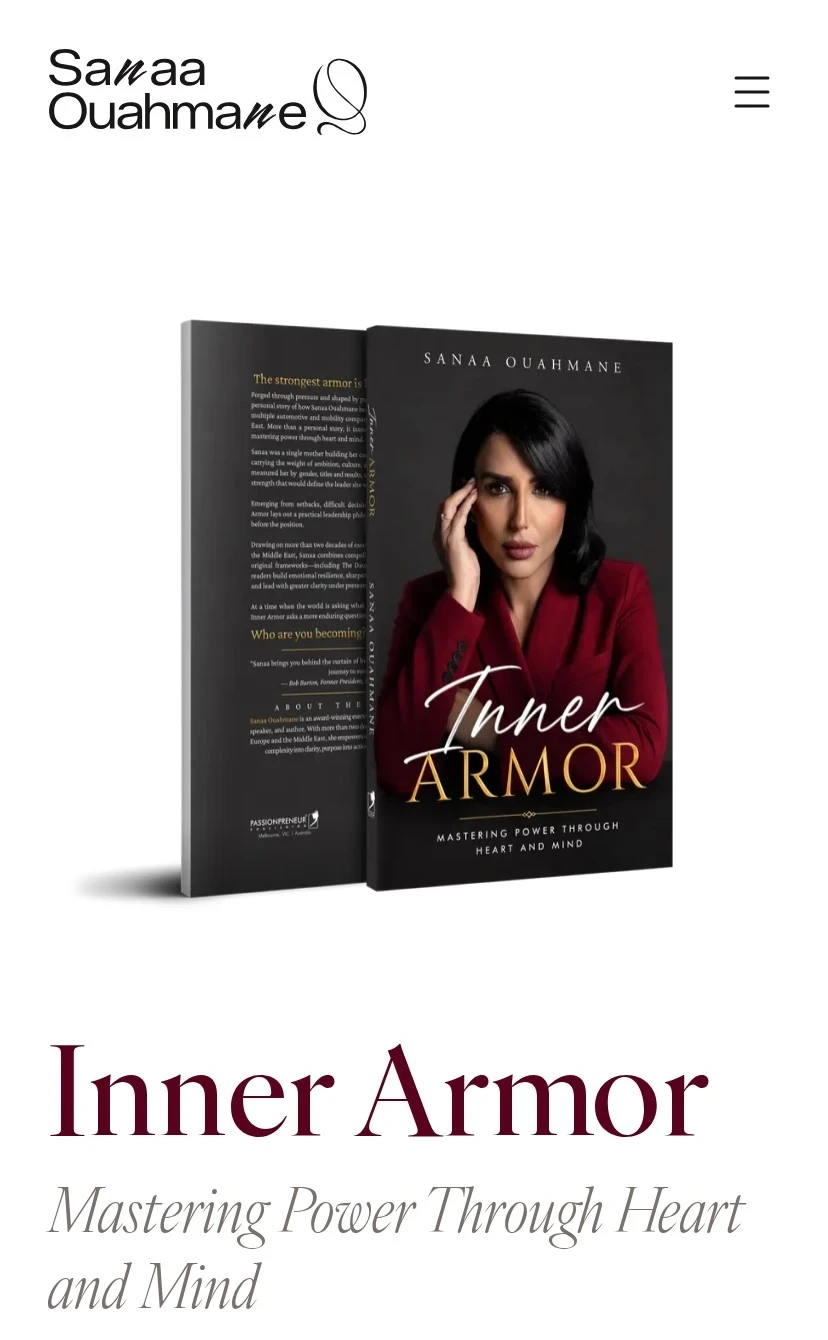 The Inner Armor book page on a phone: the front and back cover, then the title in crimson serif and the subtitle in light italic.