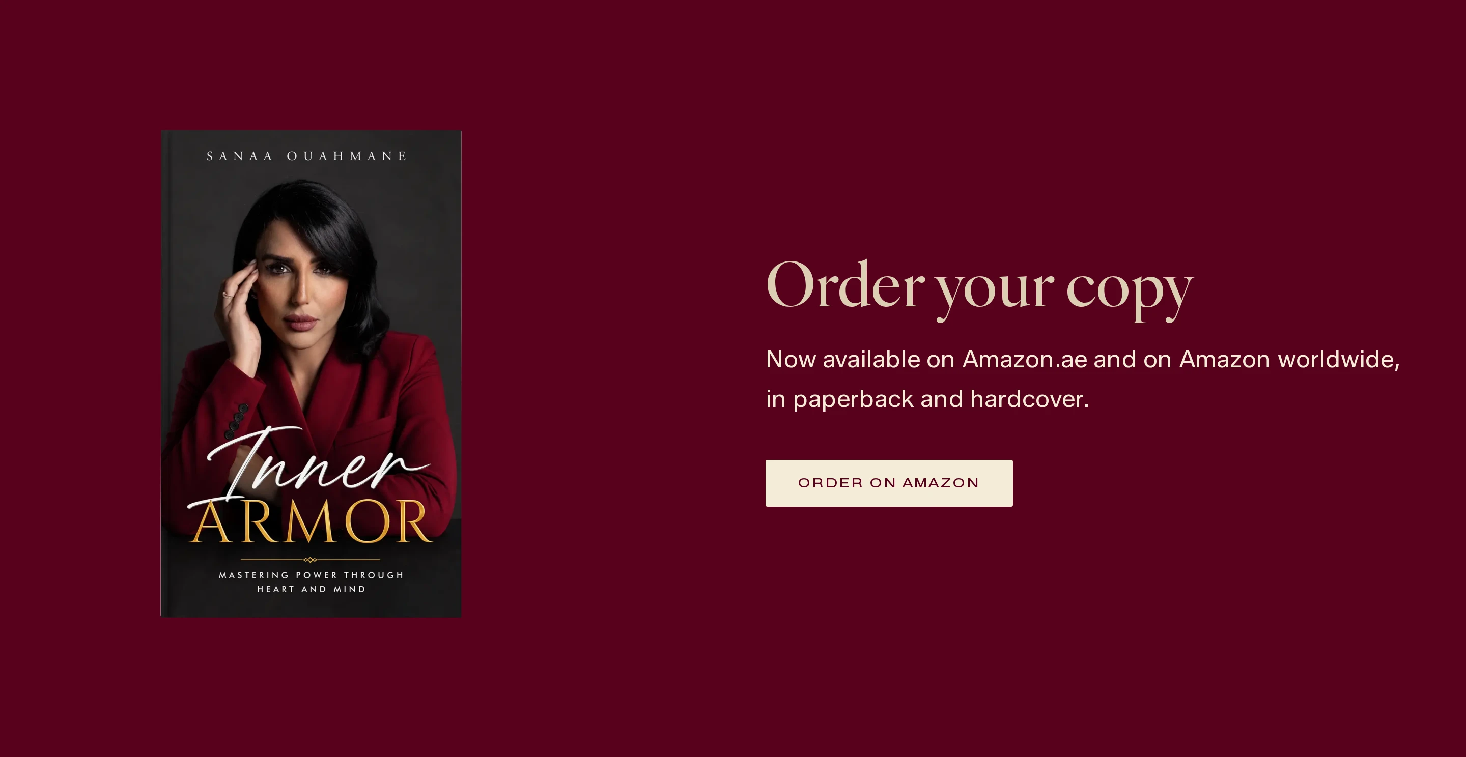 The crimson order plate on the book page: the cover on the left, and on the right “Order your copy”, a line saying the book is available on Amazon.ae and Amazon worldwide in paperback and hardcover, and an Order on Amazon button.