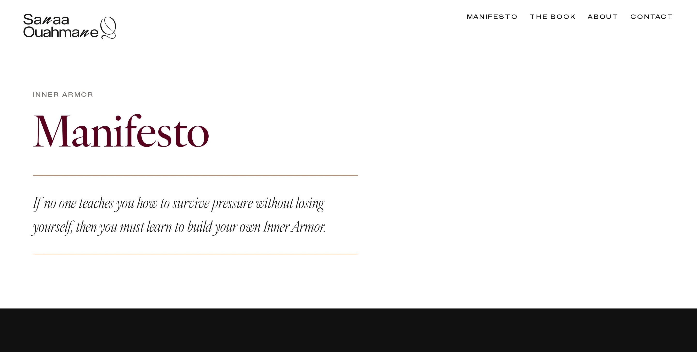 The Manifesto page: the title in crimson serif on white, her epigraph in italic between two thin terracotta rules, and the edge of a graphite plate below.