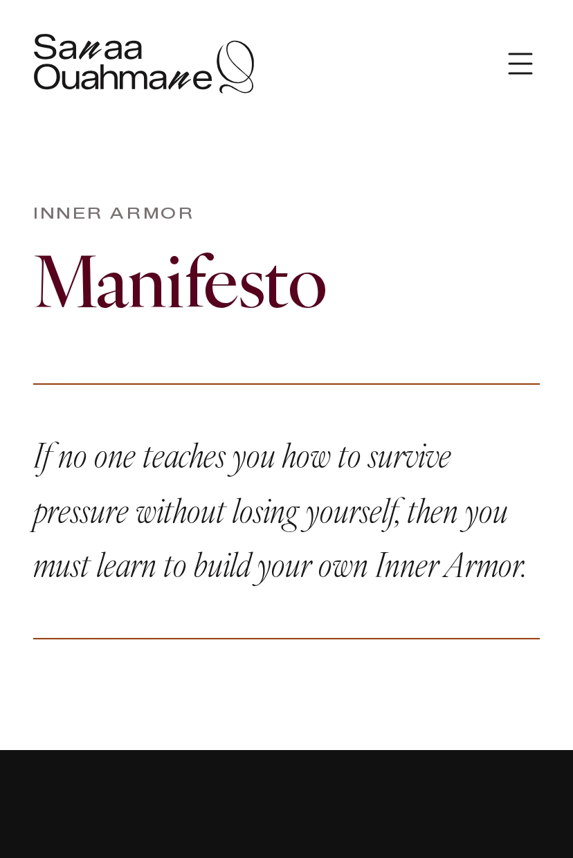 The Manifesto page on a phone: the title in crimson serif, her epigraph in italic between two thin terracotta rules, and the edge of a graphite plate below.