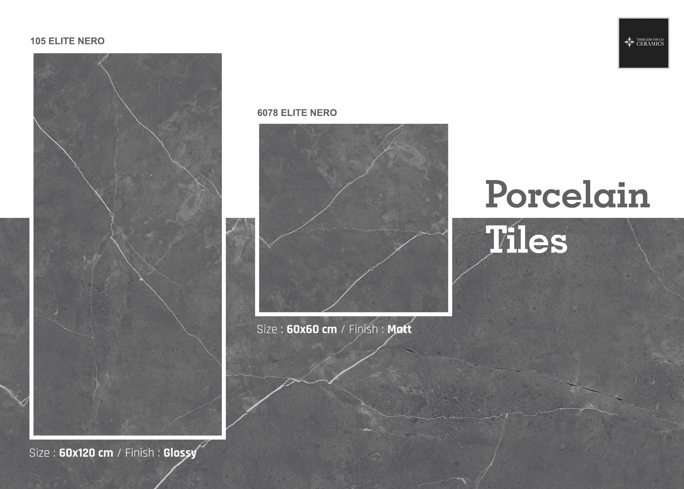 A page from the client’s porcelain tile catalogue PDF: Elite Nero, code 105 at 60x120 cm glossy and code 6078 at 60x60 cm matt.