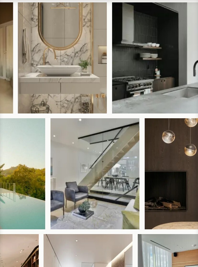 The homepage photo gallery on a phone, laid out as offset strips of interior photographs.