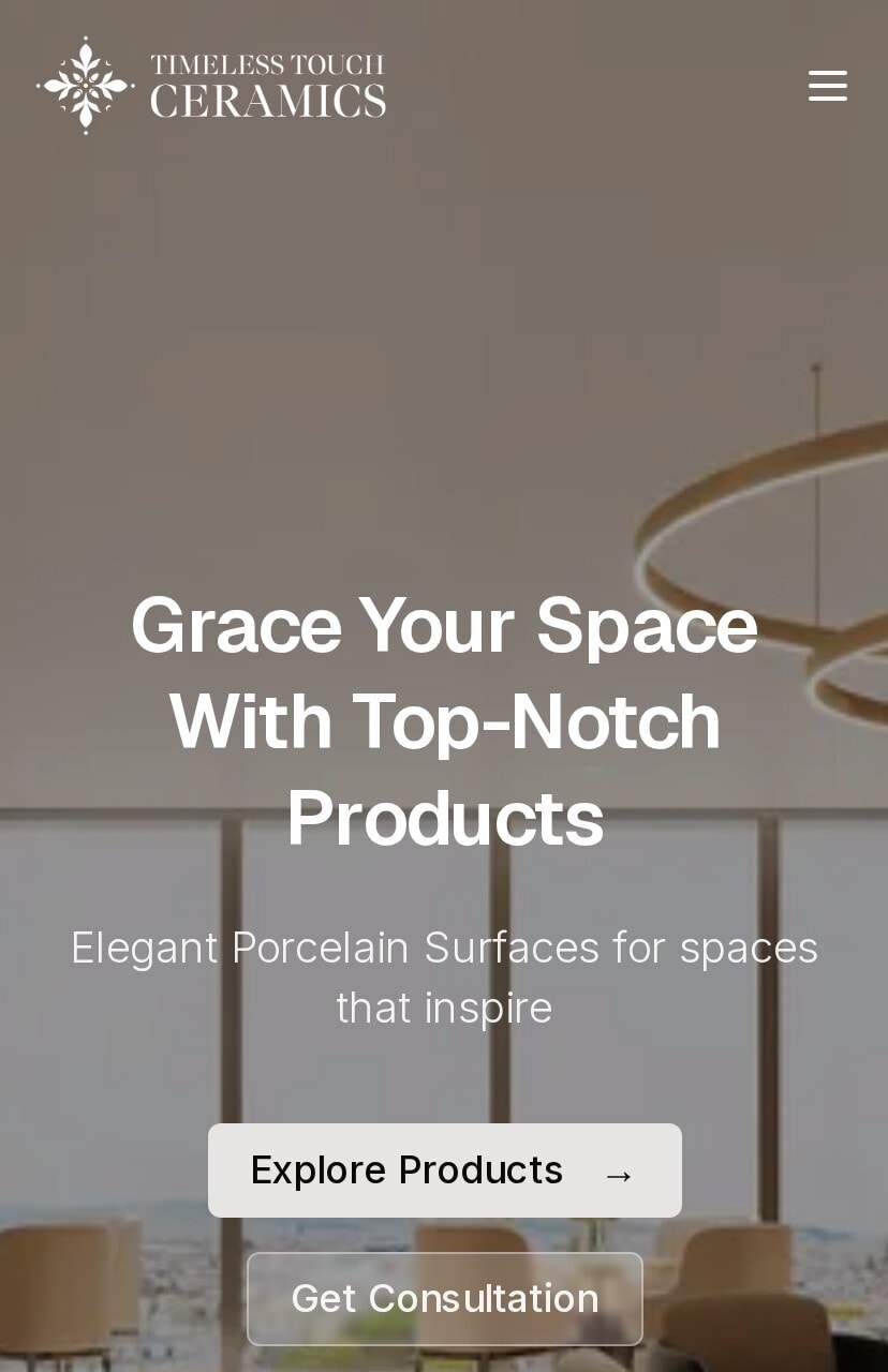 Timeless Touch Ceramics homepage on a phone: the lobby photograph with the headline and an Explore Products button.