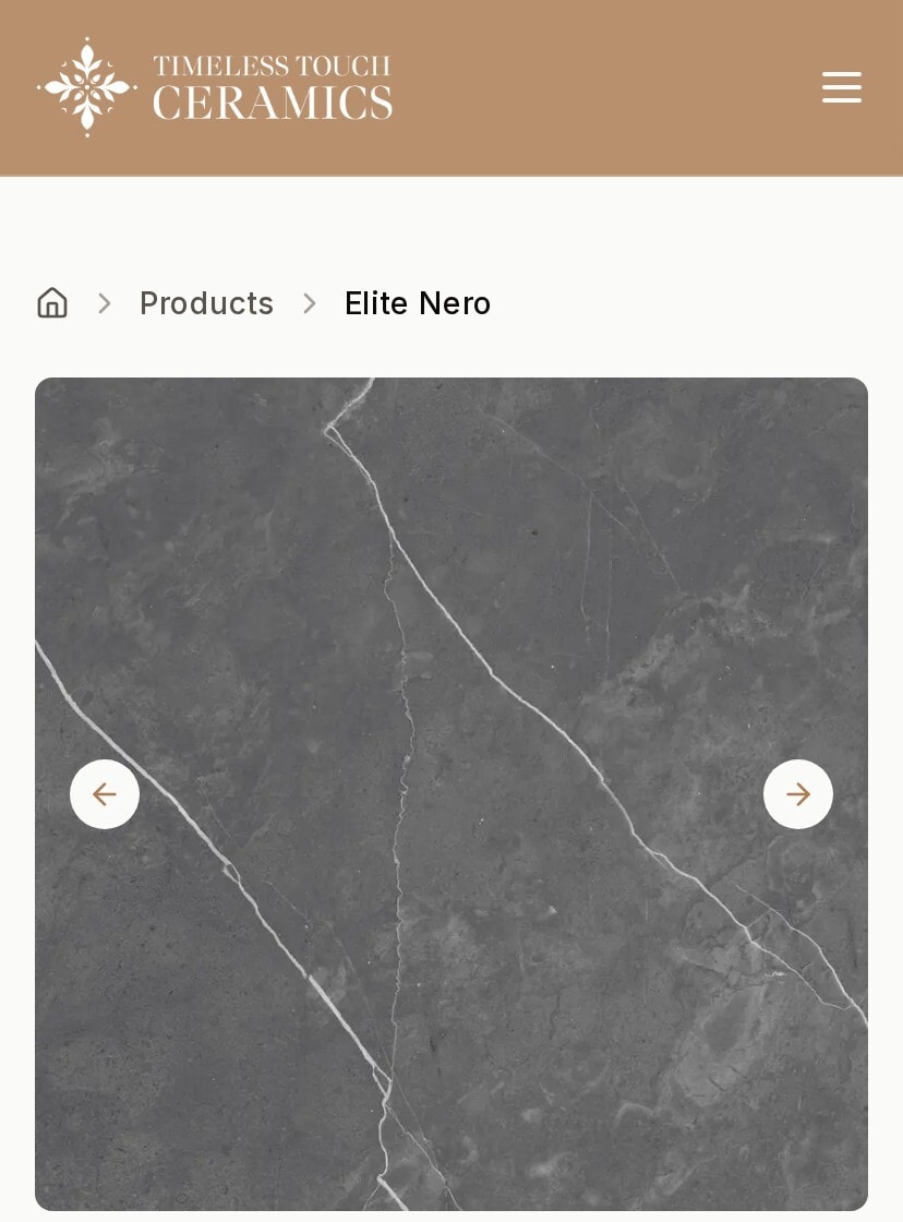 The Elite Nero product page on a phone, with the gold header and the tile filling the screen.