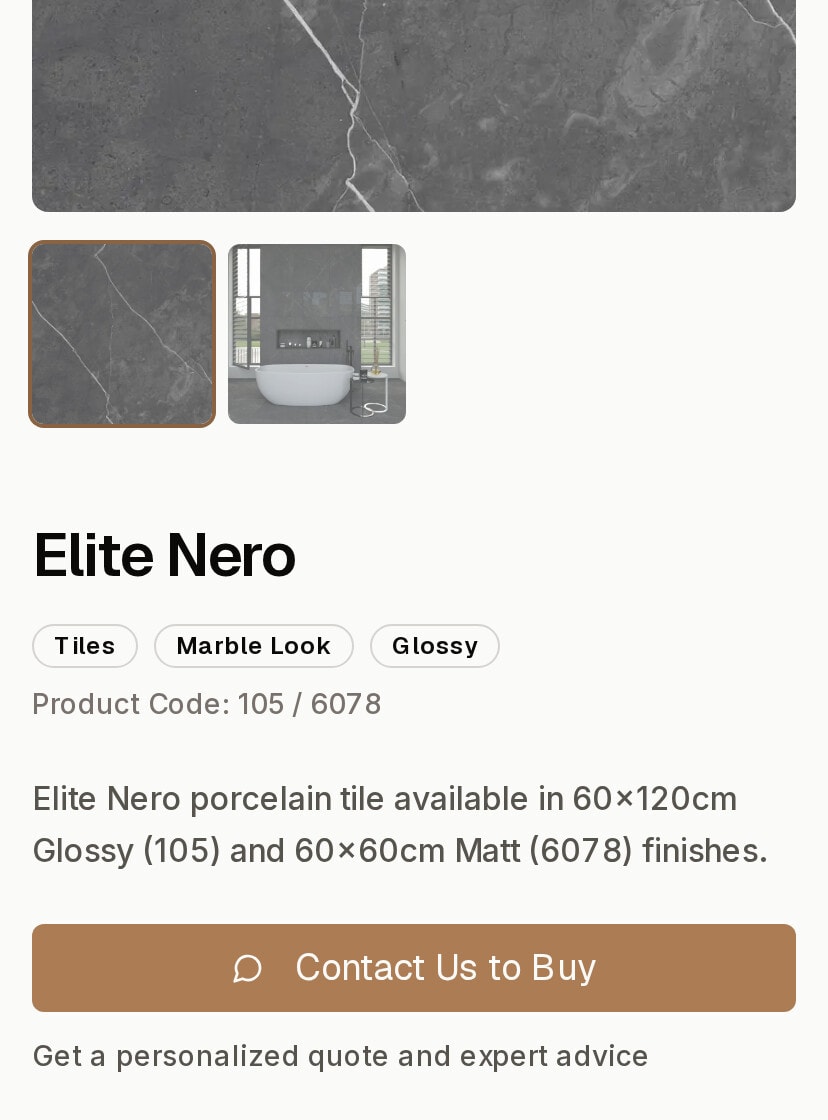 The Elite Nero product page on a phone: the charcoal marble-look tile, its tags, product codes 105 and 6078, and a Contact Us to Buy button.