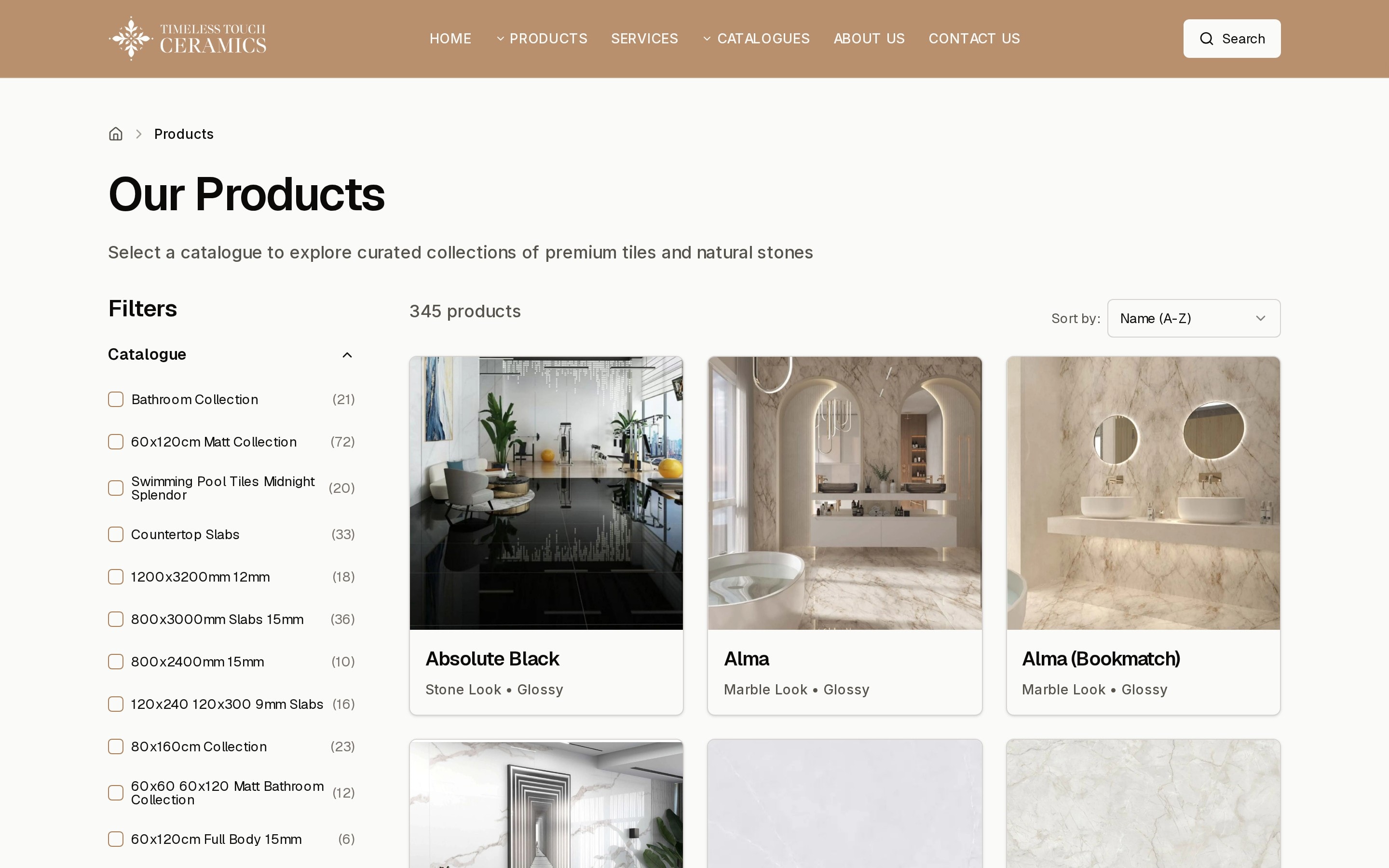 The products page showing 345 products, a catalogue filter with a count beside each option, a sort menu and room-scene product cards.