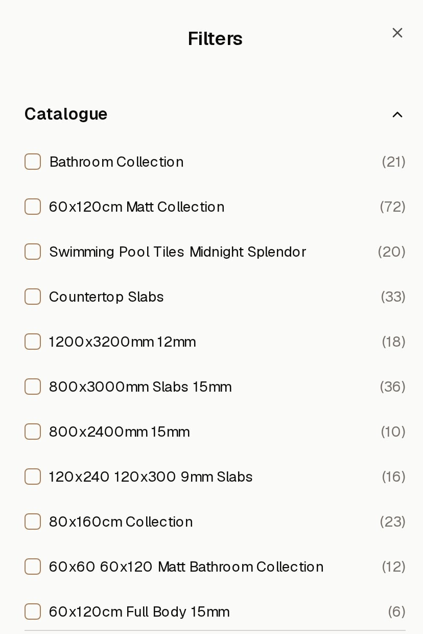 The filters sheet on a phone: eleven catalogues, each with a count of its products beside it, above the closed Product Type, Design Style and Finish filters.