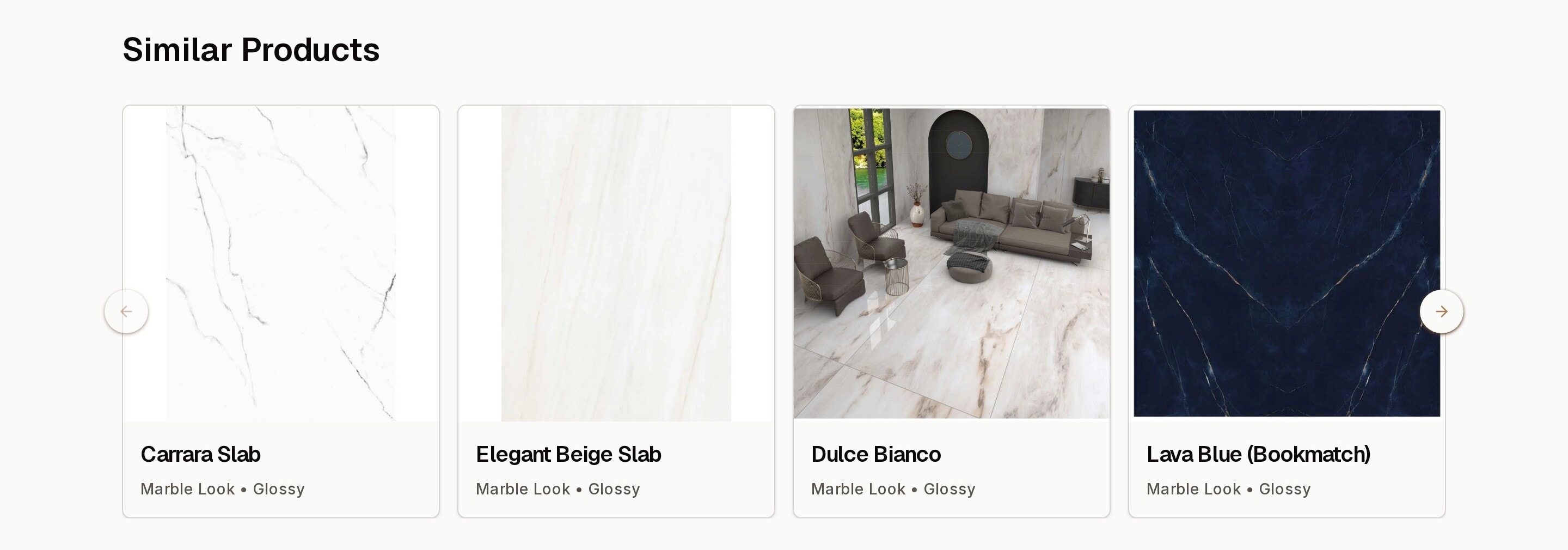 The Similar Products row under the Alma bookmatch slab: Carrara Slab, Elegant Beige Slab, Dulce Bianco and Lava Blue bookmatch, all marble-look and glossy.