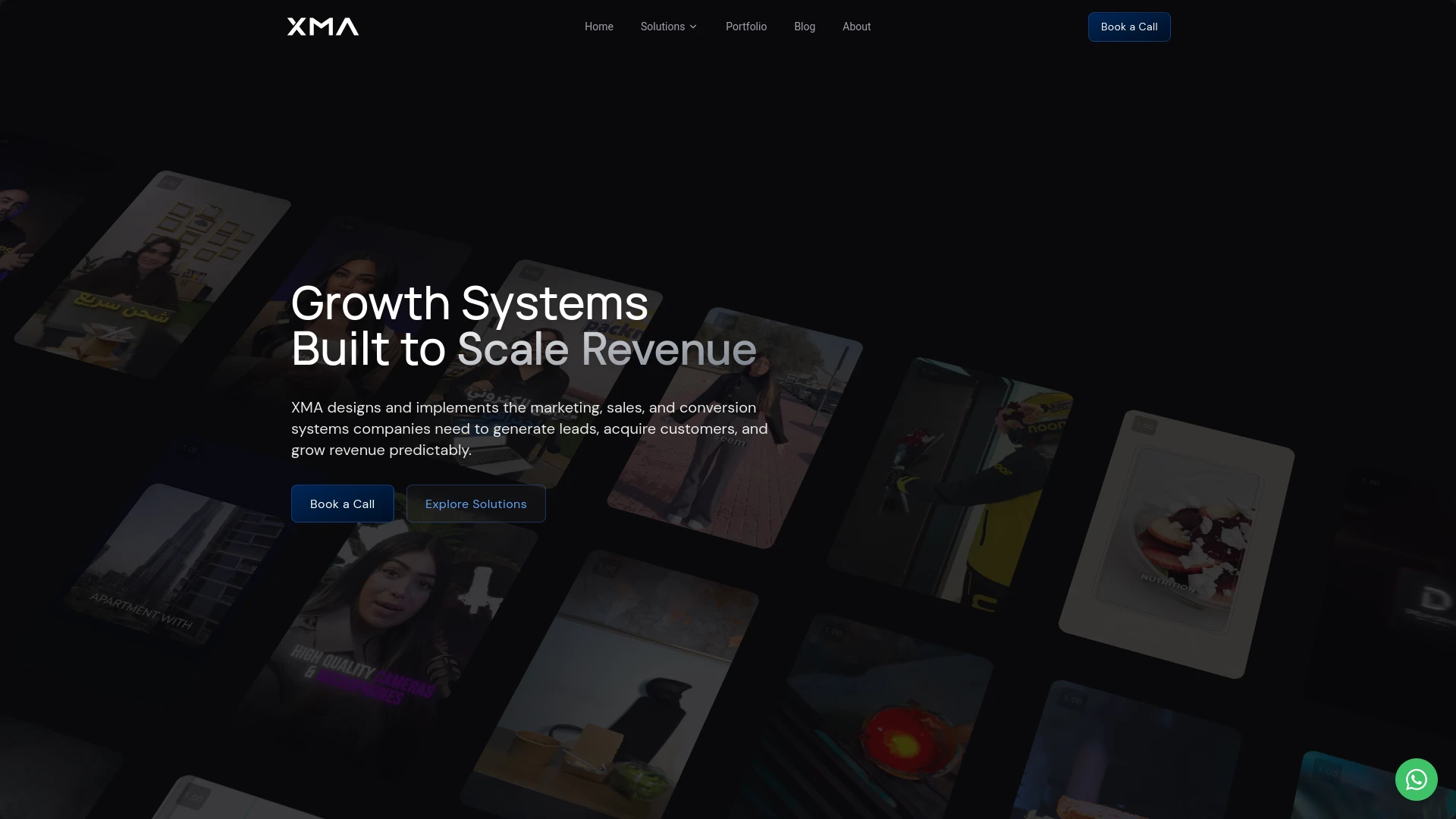 The earlier xma.ae homepage I built: “Growth Systems Built to Scale Revenue” over a tilted wall of ad video cards