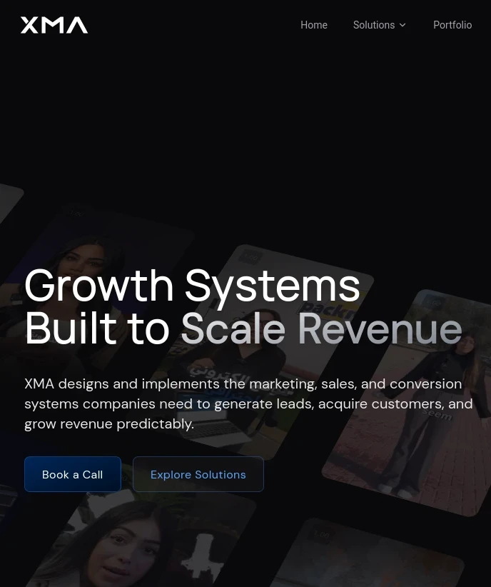 The earlier xma.ae homepage I built, cropped to its headline “Growth Systems Built to Scale Revenue” over tilted ad video cards