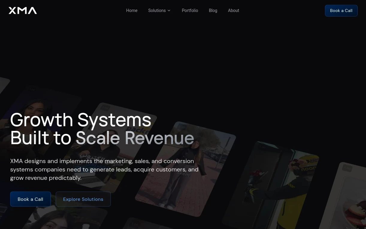 The earlier xma.ae homepage I built: “Growth Systems Built to Scale Revenue” over a tilted wall of ad video cards