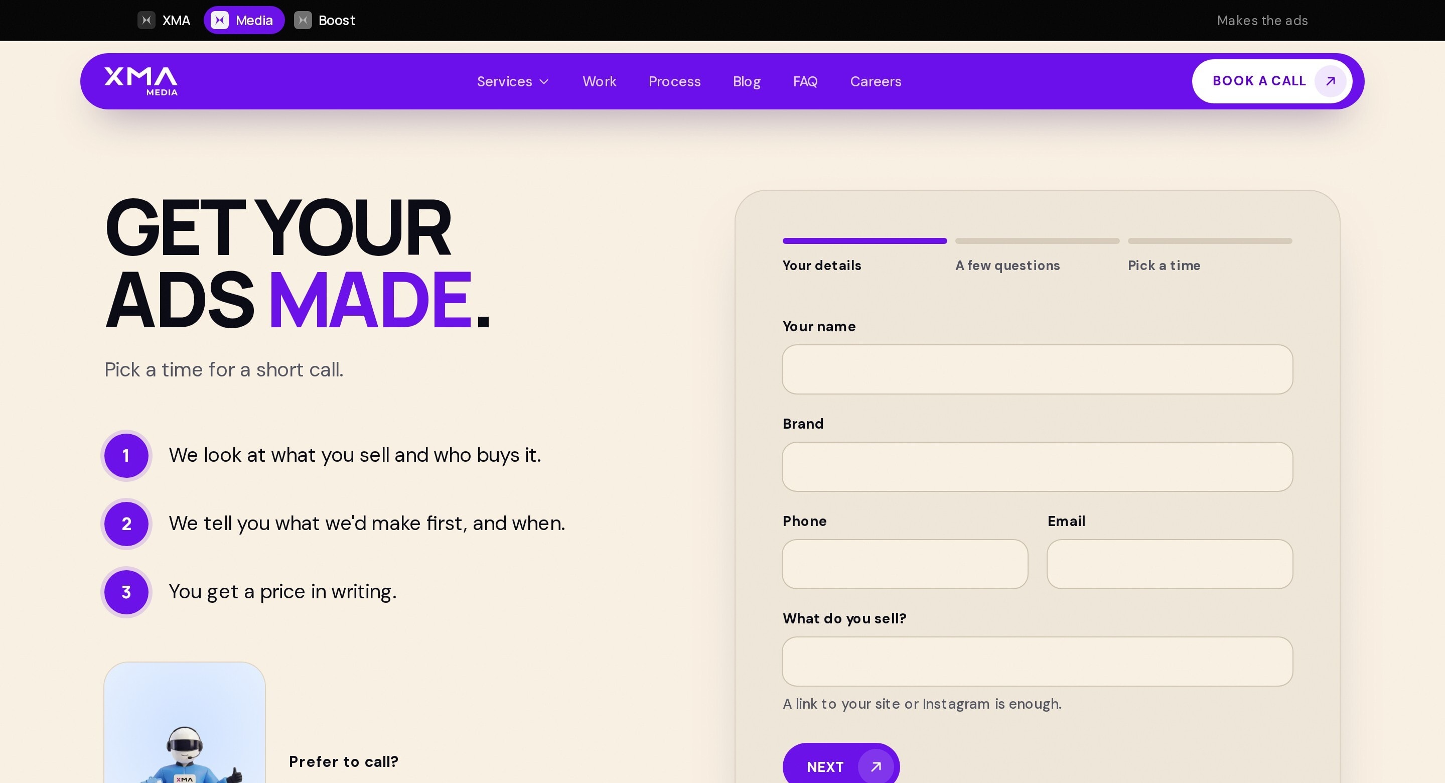 The booking page “Get your ads made”: three promises on the left and a three-step form on the right ending in picking a time
