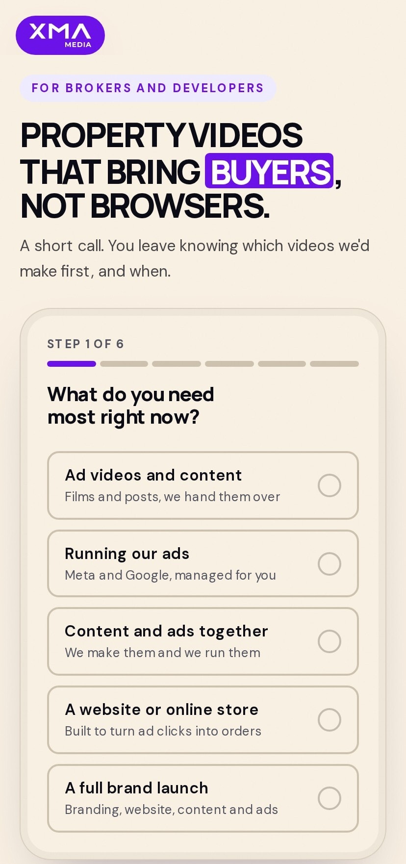 The real estate page on a phone, opening straight onto the first question of the form