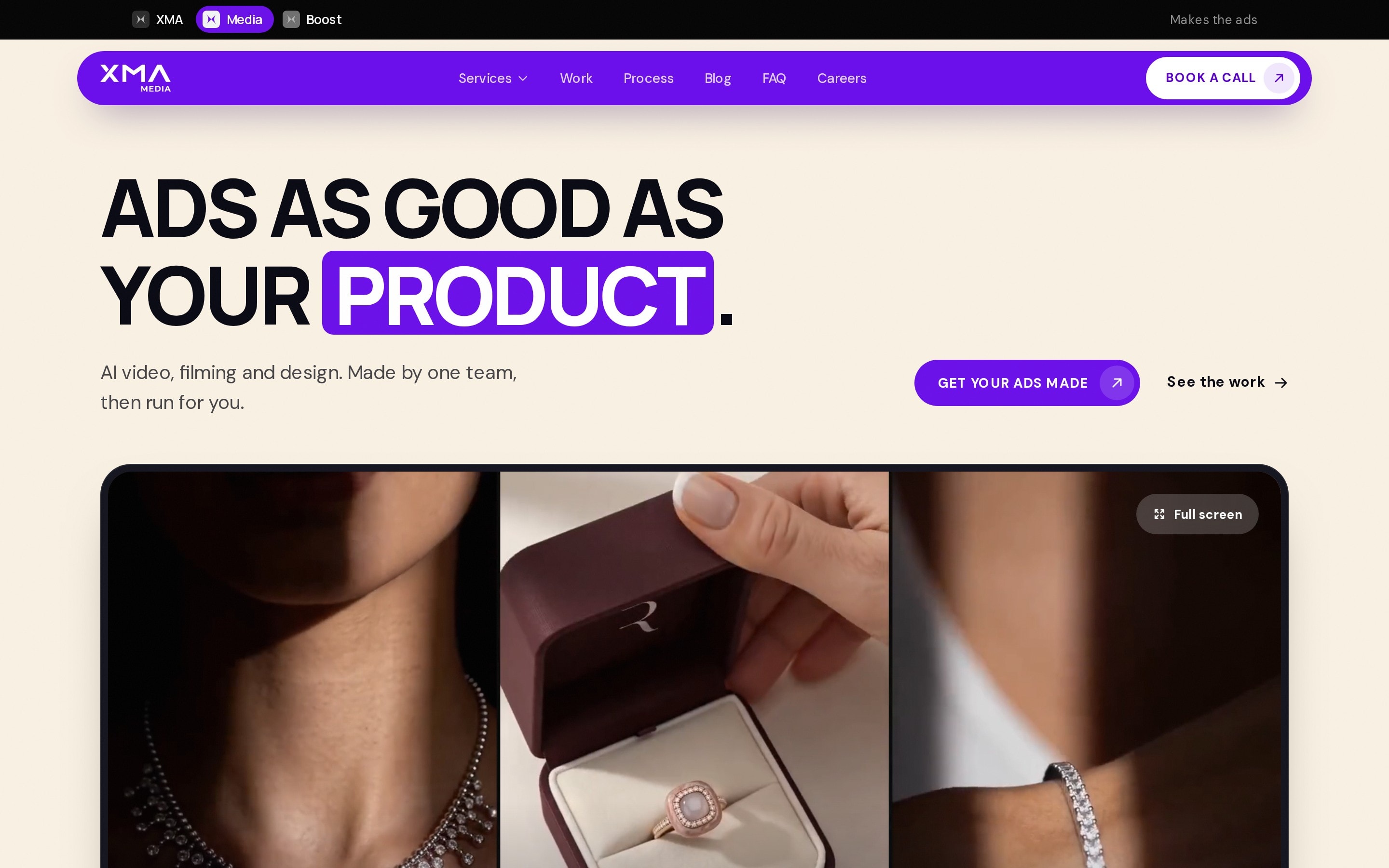 XMA Media homepage: the headline “Ads as good as your product” over a row of skincare ad films