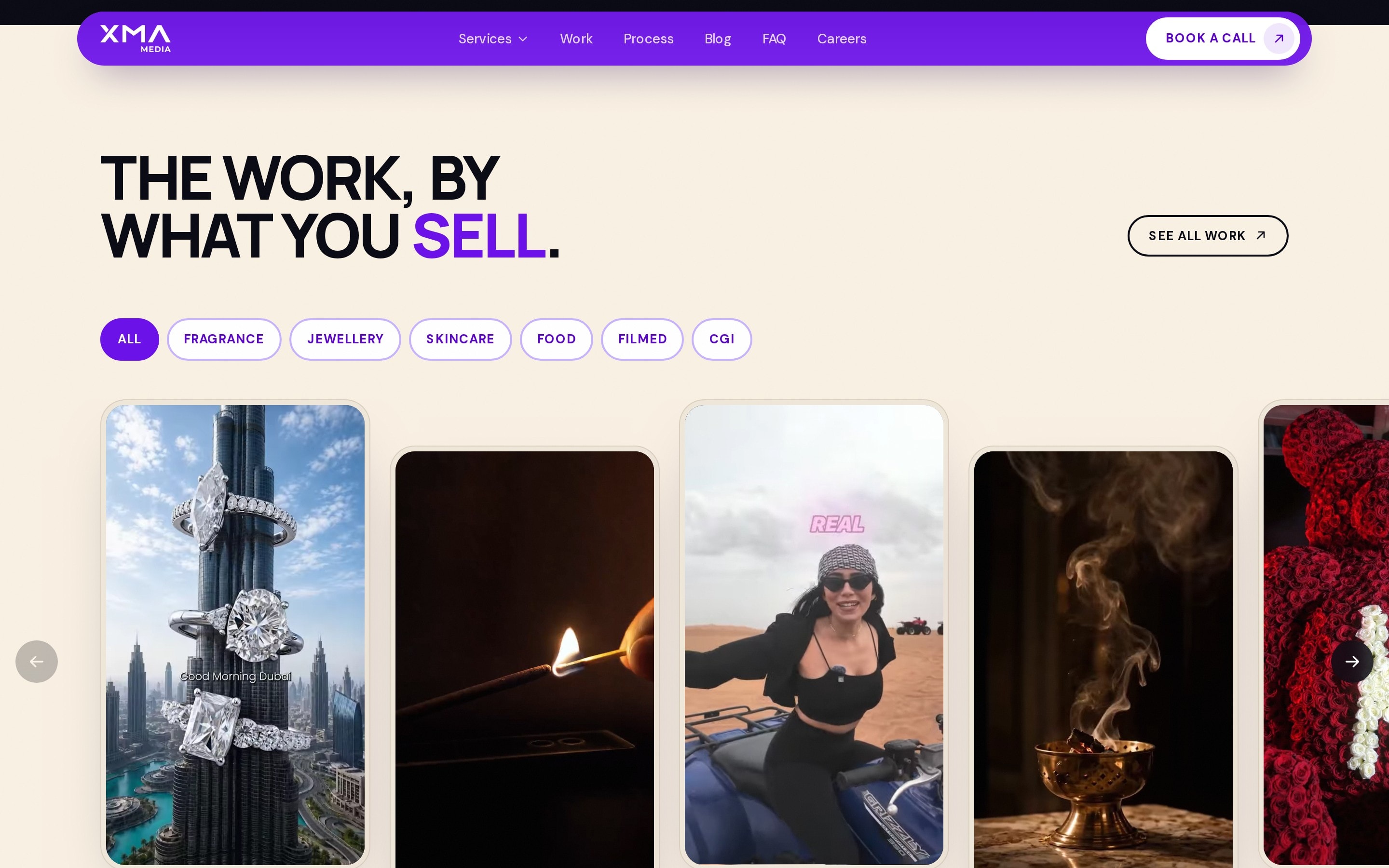 The section “The work, by what you sell”: filter pills for fragrance, jewellery, skincare, food, filmed and CGI above a row of ad films
